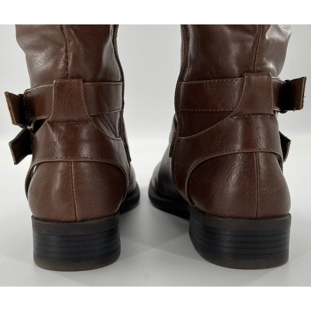 Nine West‎ Riding Boot Women 6.5 M Brown and Black Tall Strap Zip Buckle Leorawm